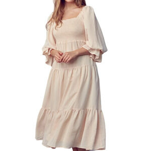 &Merci M NEW Womens Smocked Bodice Ruffle Sleeve Dress Tiered Cream